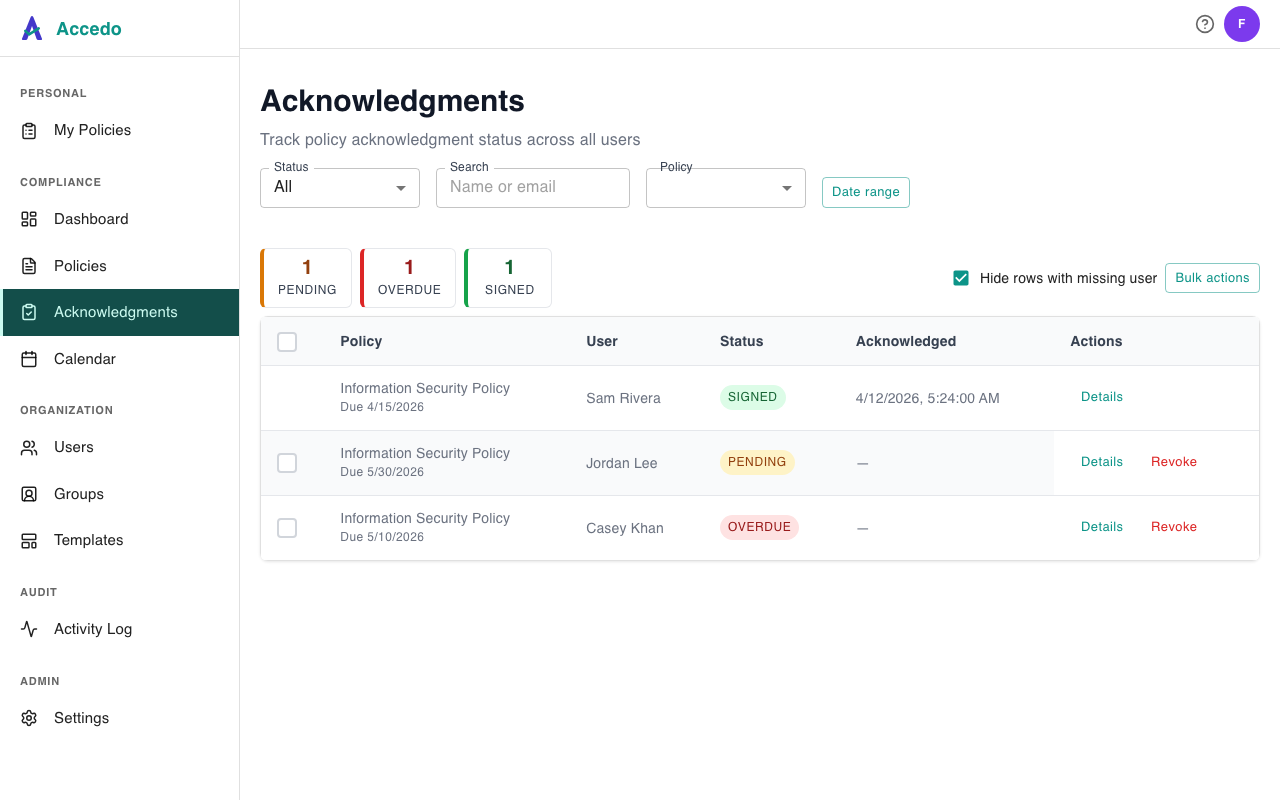 Admin Acknowledgments page: status counters (Pending, Overdue, Signed) above a table of assignments with Policy, User, Status, Acknowledged-on, and Actions columns