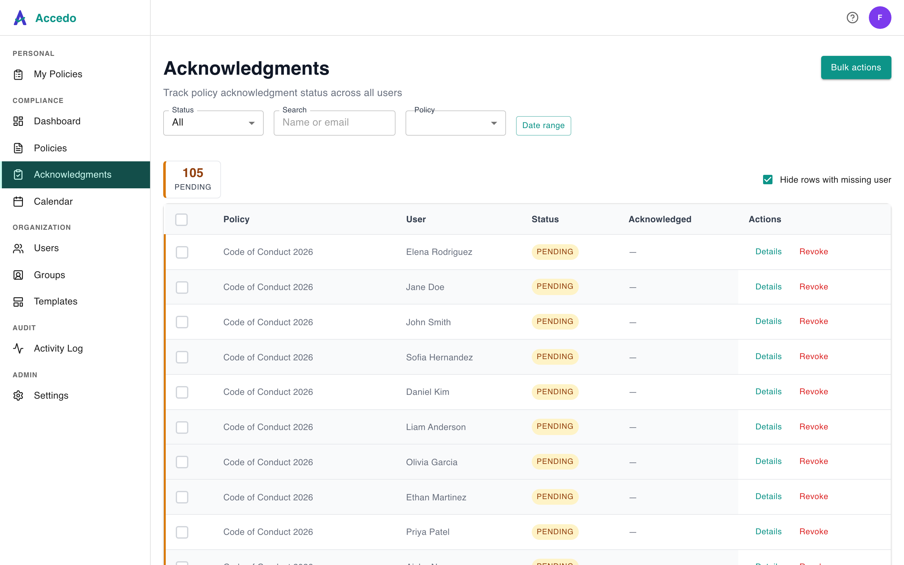 Accedo acknowledgments page tracking policy signing status across signers with pending and signed badges