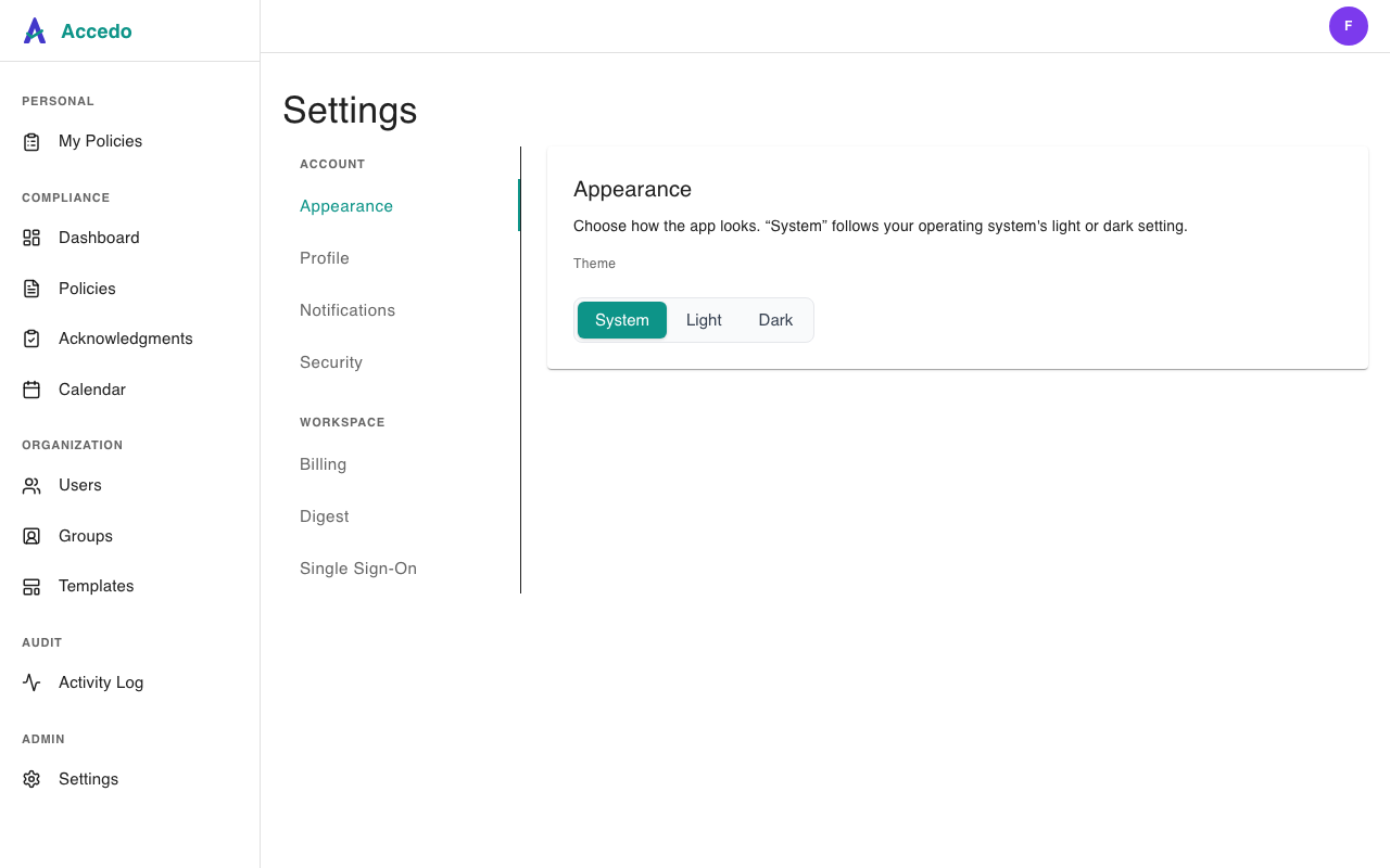 Appearance panel with System, Light, and Dark theme options