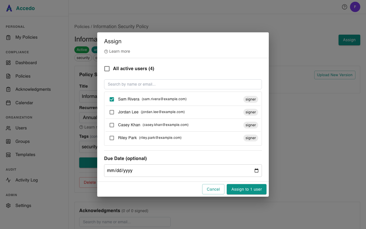 Assign modal on a policy detail page, with the first signer in the list selected and the action button reading Assign to 1 user
