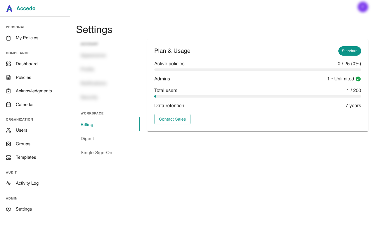 Admin Plan and Usage panel on the Billing settings screen with no Manage Billing button visible