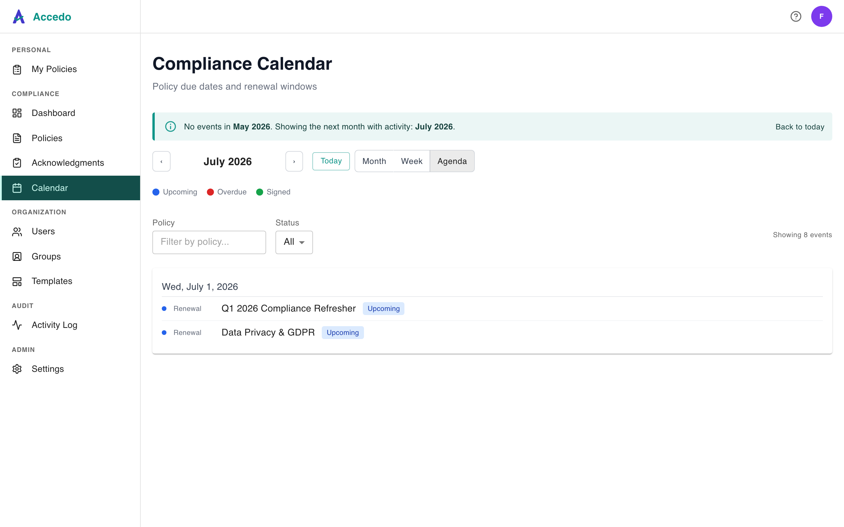 Accedo compliance calendar showing upcoming policy renewals and due dates across months