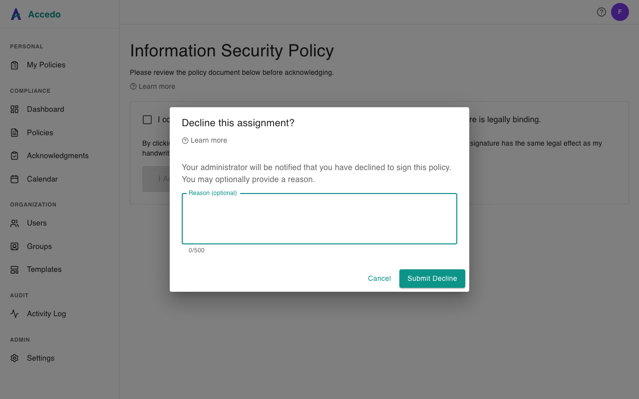 Decline this assignment? modal with an optional Reason textarea and Submit Decline / Cancel buttons