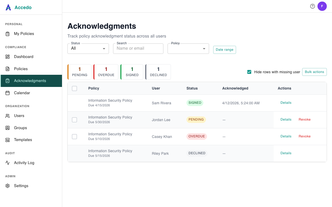 Admin Acknowledgments page with status counters showing Pending, Overdue, Signed, and Declined; the table includes a row with a grey DECLINED badge