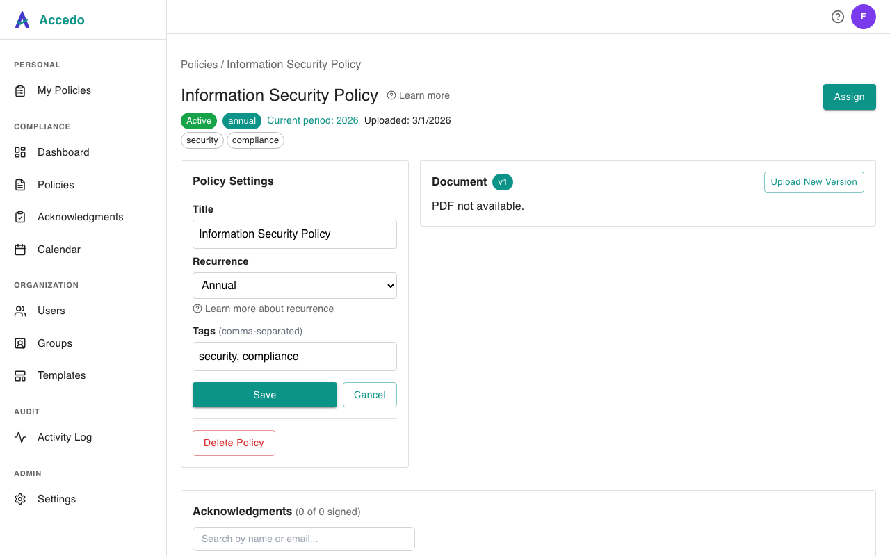 Policy detail page Policy Settings panel showing the Title, Recurrence dropdown set to Annual, comma-separated Tags input, and Save / Cancel buttons