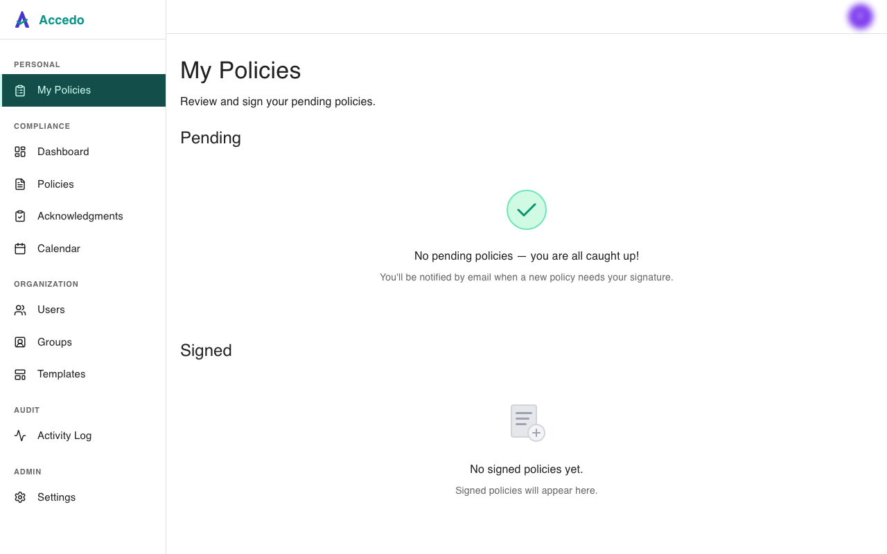 Signer's My Policies page showing the all-caught-up empty state with no pending or signed policies