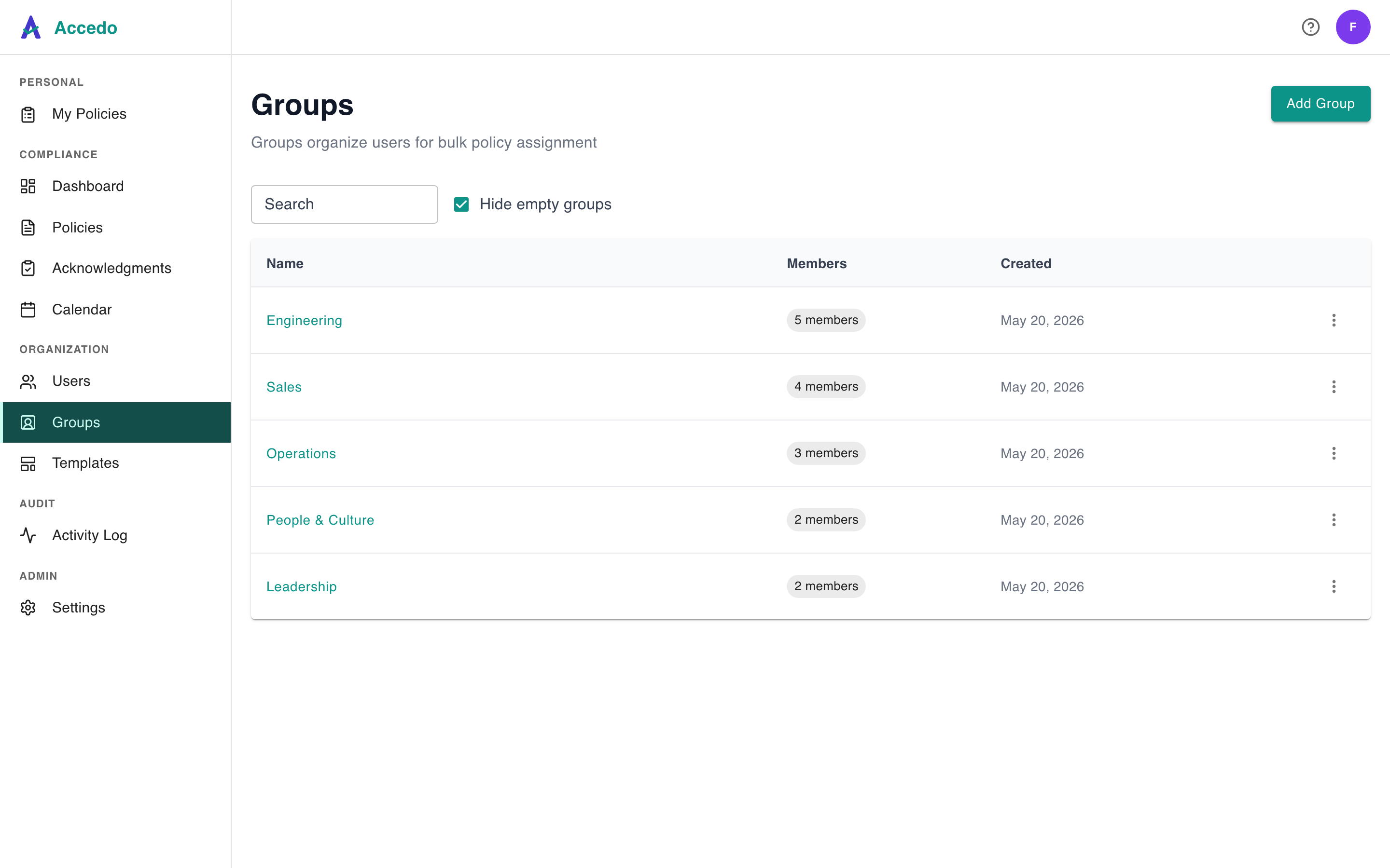 Accedo groups page listing organizational groups like Engineering, Sales, and Operations with member counts for bulk policy assignment