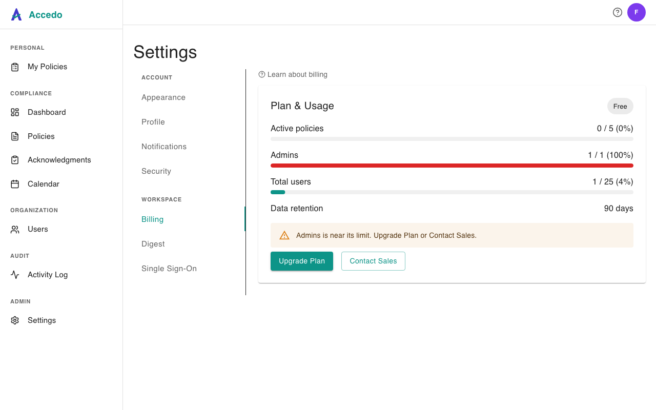 Plan & Usage panel on a Free tenant: tier chip reads Free; usage rows include a near-cap warning on Admins; the panel footer shows Upgrade Plan and Contact Sales instead of Manage Billing