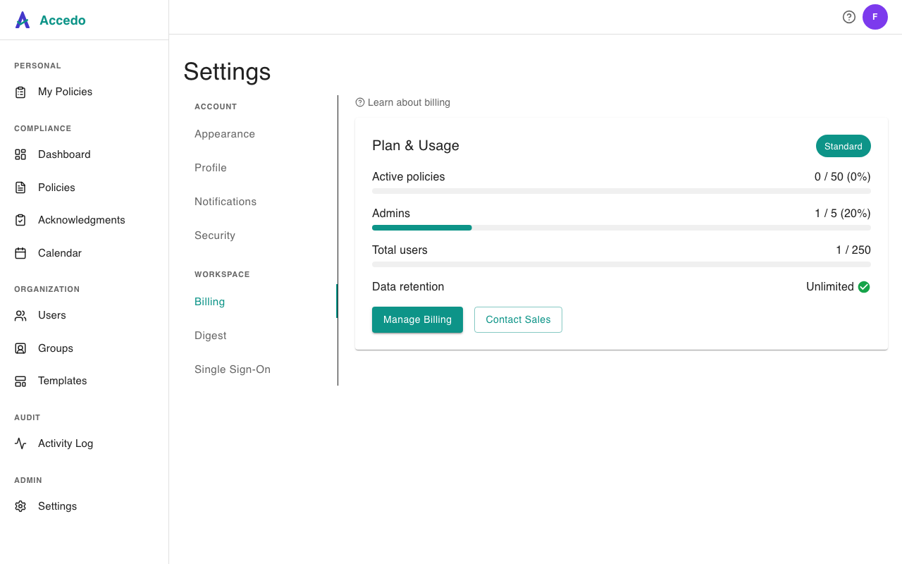 Plan & Usage panel on a Standard tenant: tier chip reads Standard; usage rows for active policies, admins, total users, and data retention; Manage Billing and Contact Sales buttons in the footer