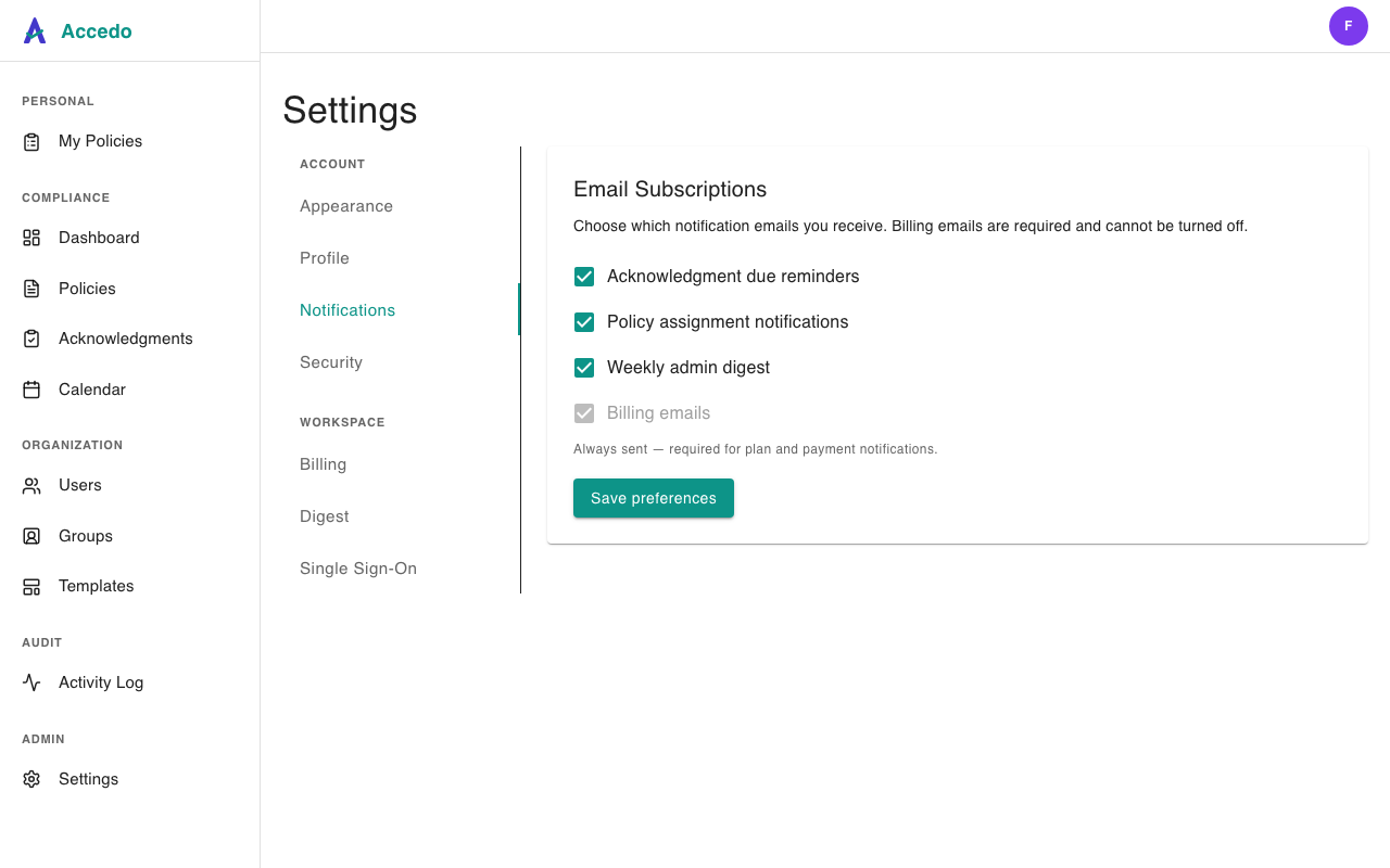 Notifications panel with four email-subscription checkboxes and a Save preferences button