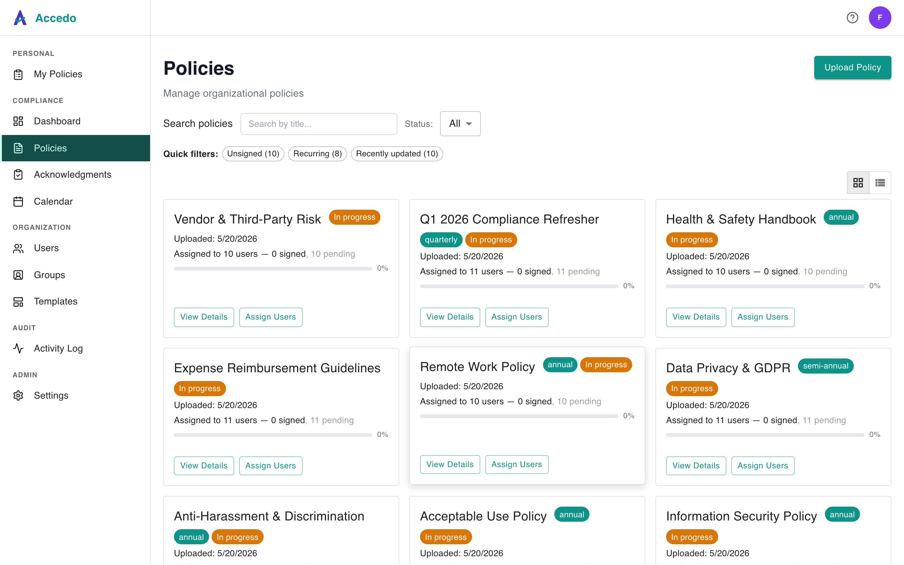 Accedo policies page showing a grid of policies with recurrence badges, progress bars, and assignment counts