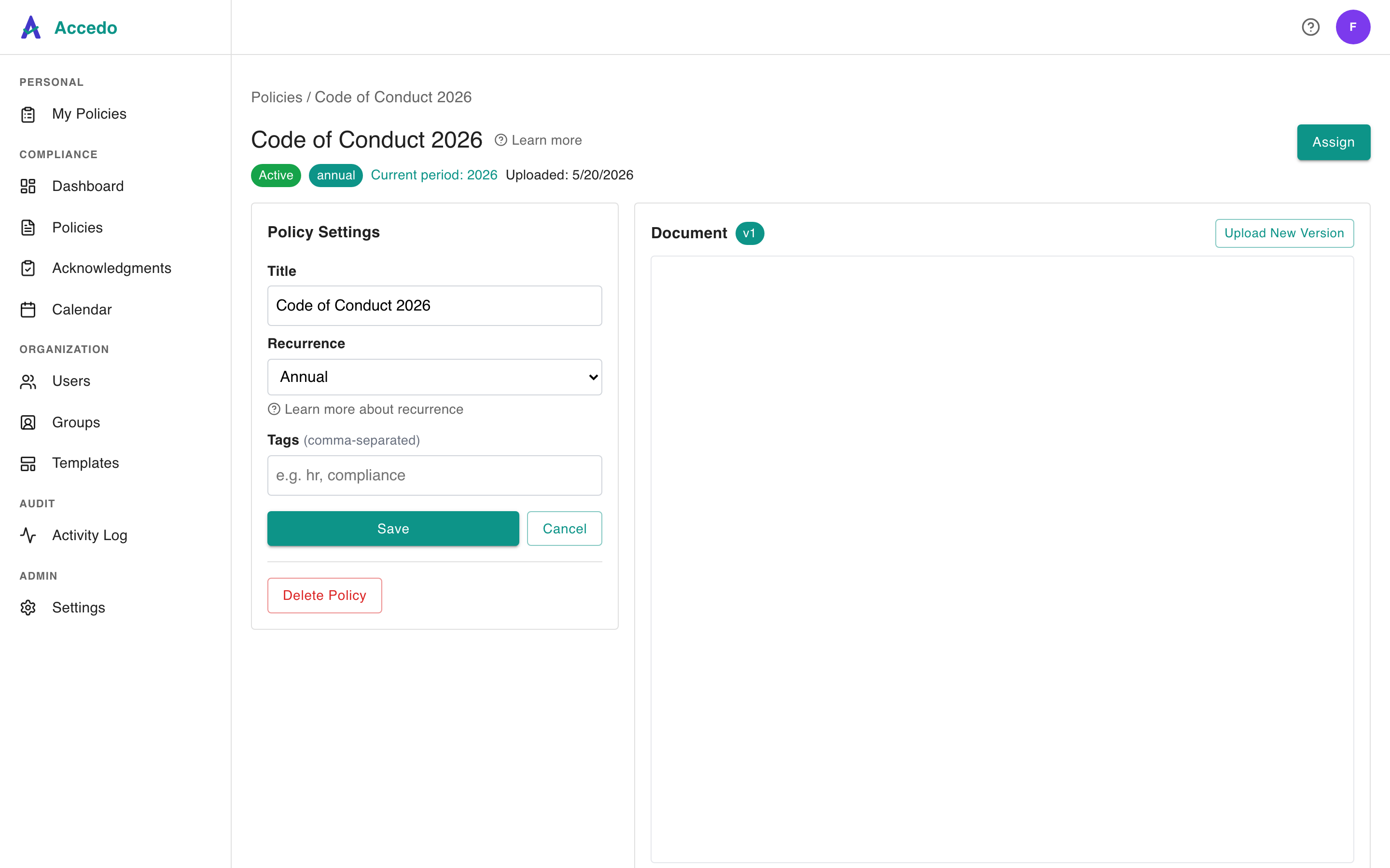 Accedo policy detail page for Code of Conduct 2026 showing active status, annual recurrence badge, policy settings panel, and assign button