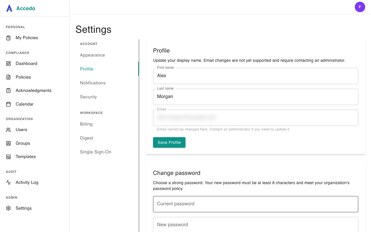 Profile panel showing editable first and last name, read-only email, and a Save Profile button above the Change password form