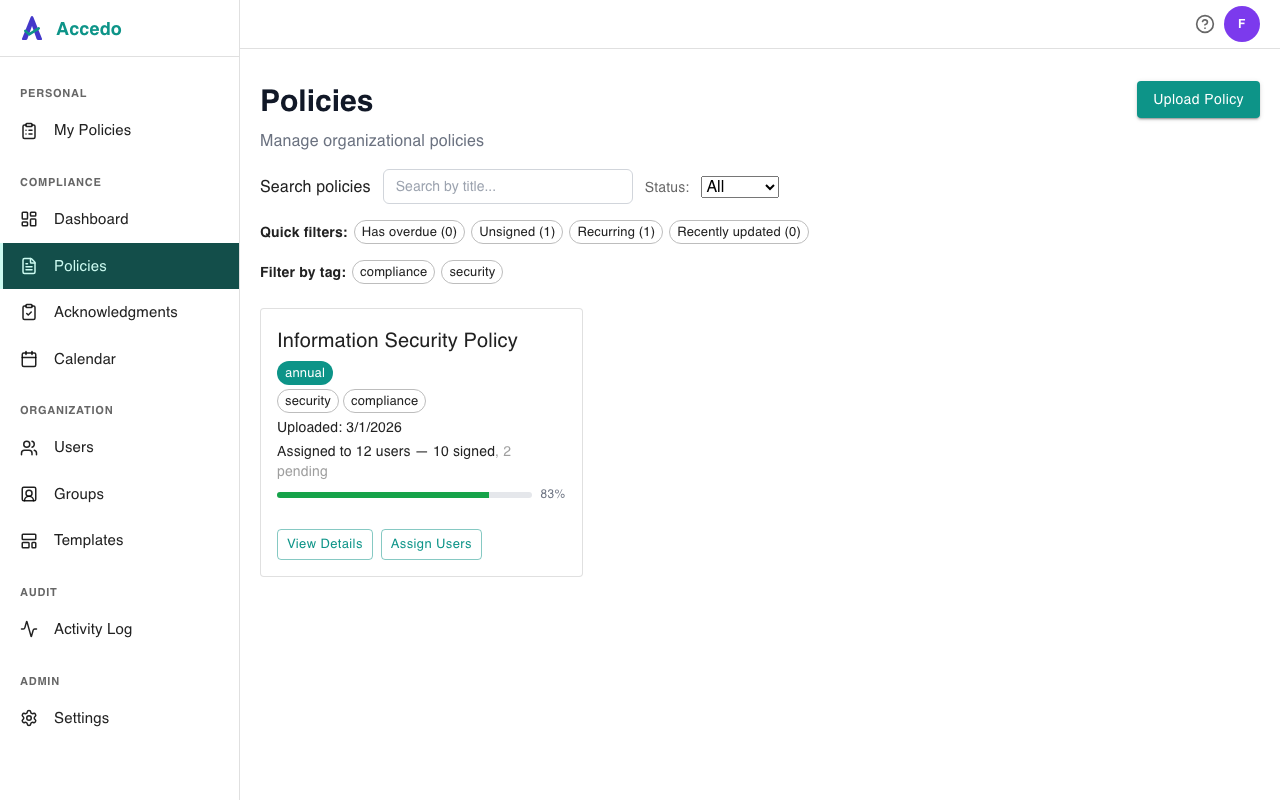 Policies list card for a recurring policy: the annual badge sits directly beneath the policy title, with tags and an assignment-progress bar below