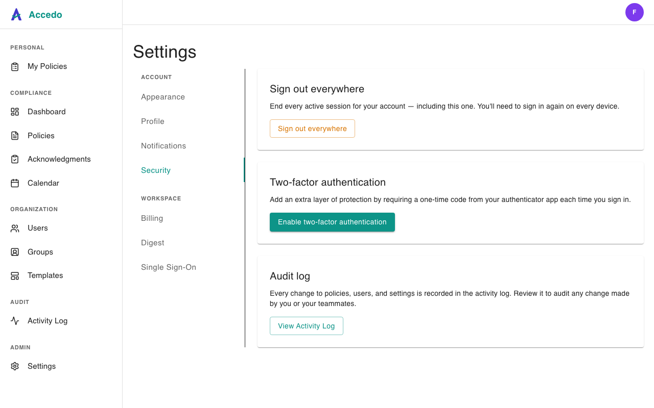 Security panel showing Sign out everywhere, Two-factor authentication, and Audit log sections