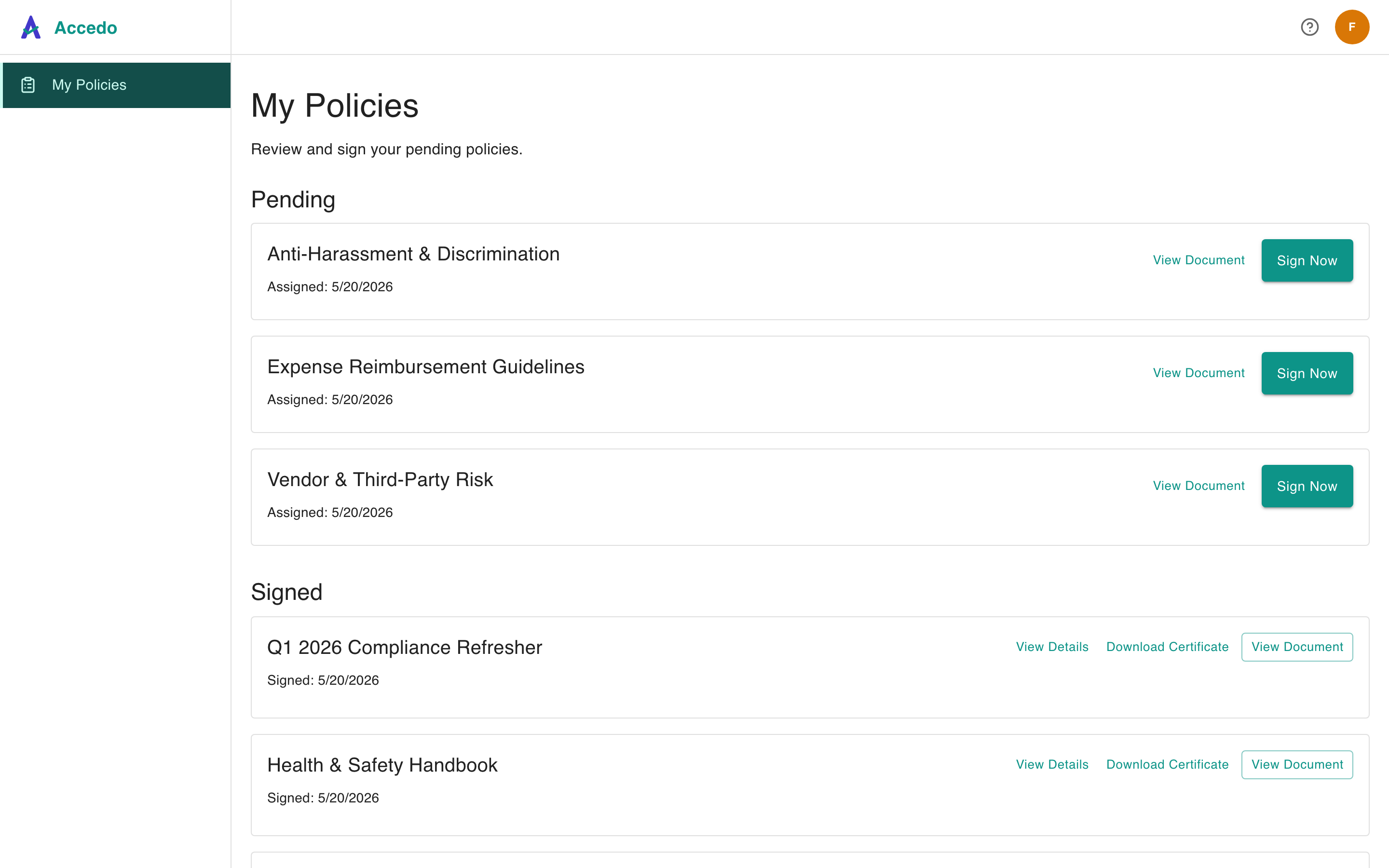 Accedo signer portal showing the personal My Policies view with pending and signed sections