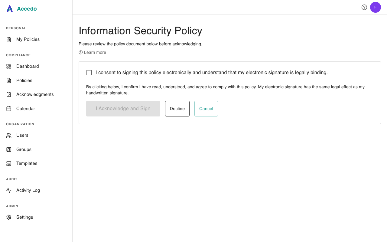 Signing page with the policy title, the ESIGN-consent checkbox, the I Acknowledge and Sign button (disabled until consent is checked), and the Decline button alongside