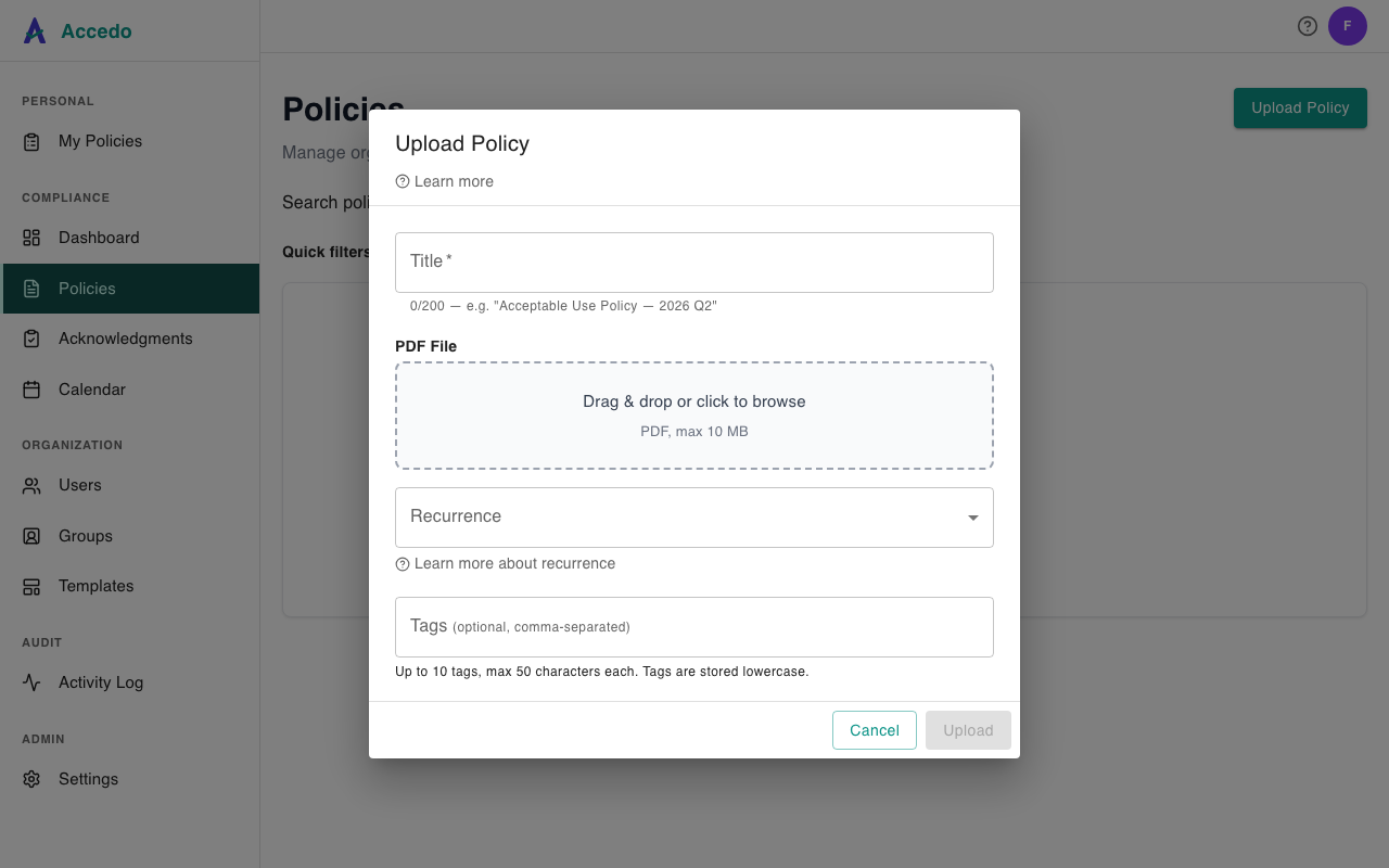 Upload Policy modal with empty Title, PDF drop zone, Recurrence dropdown, and Tags input