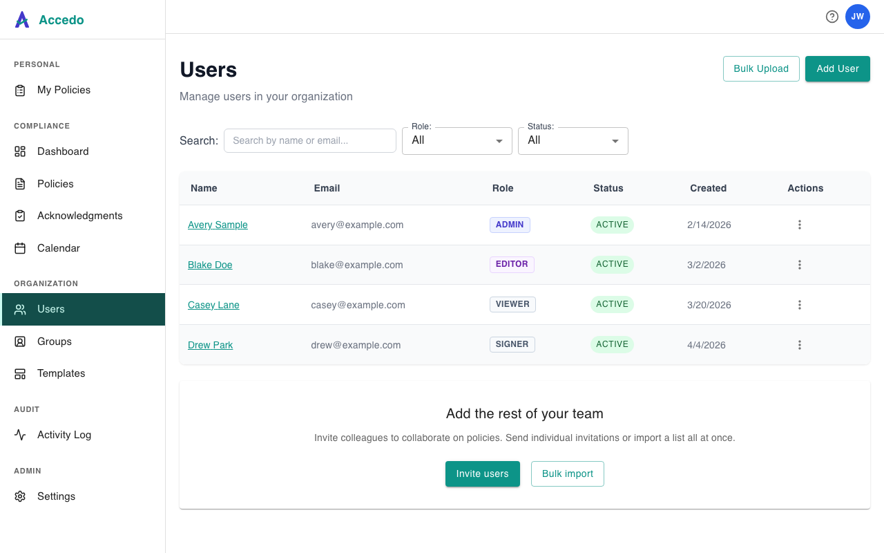 Admin Users page showing the user table with Name, Email, Role, Status, Created, and Actions columns; Bulk Upload and Add User buttons in the top-right of the header
